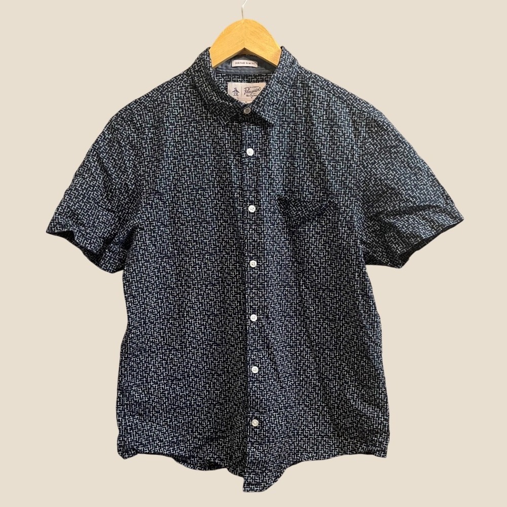 Original Penguin Button Down Shirt Mens M Navy Blue Heritage Slim Fit